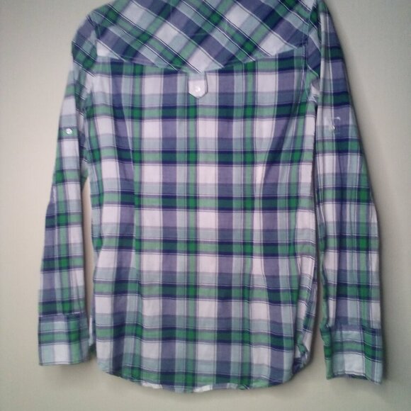 Derek Heart Button Front Shirt Women S Long Sleeve Roll Tab Pockets Plaid Green - Picture 11 of 14